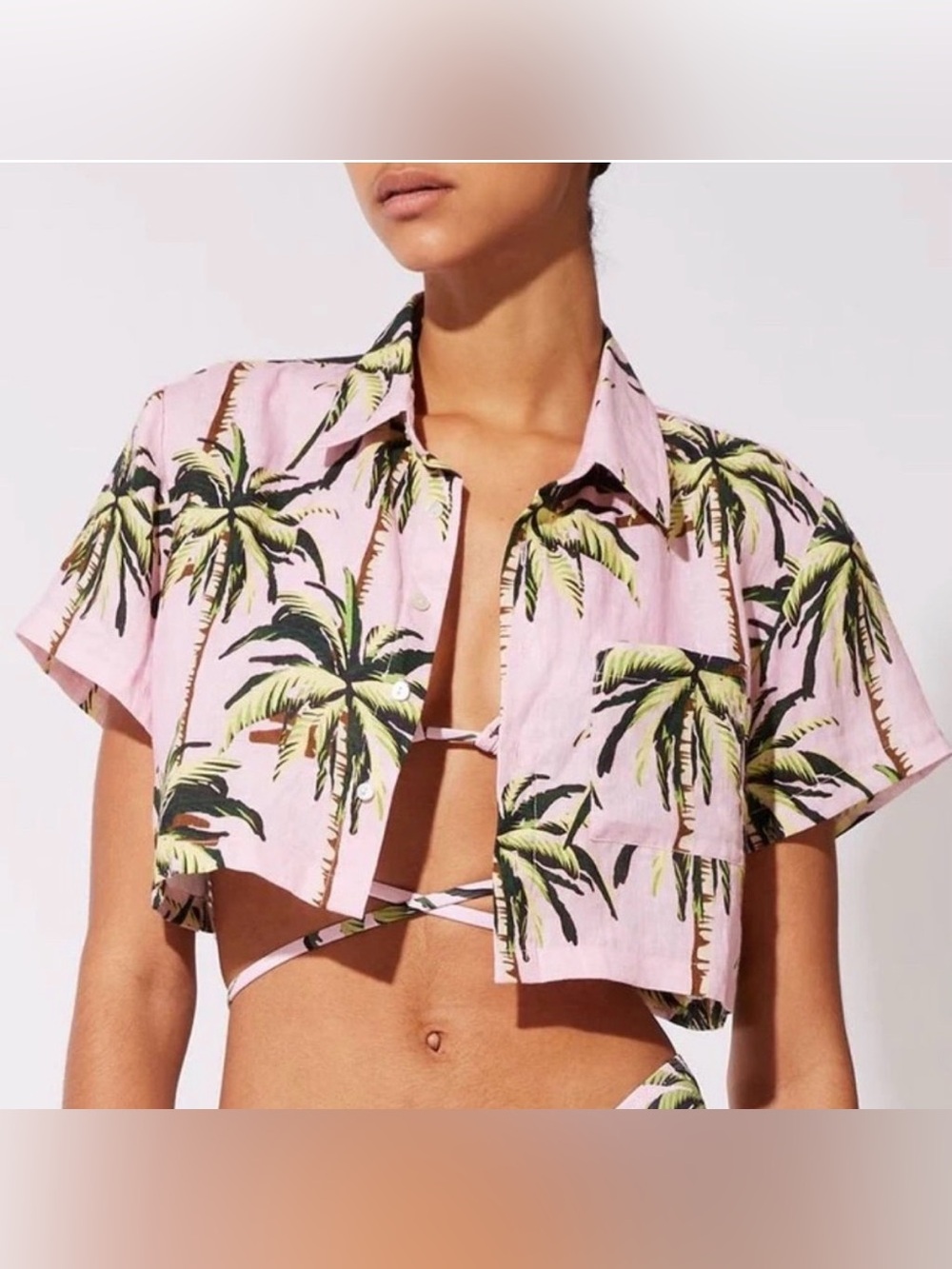 SOLID & STRIPED Pink Palm-Print Cropped Button Front Top